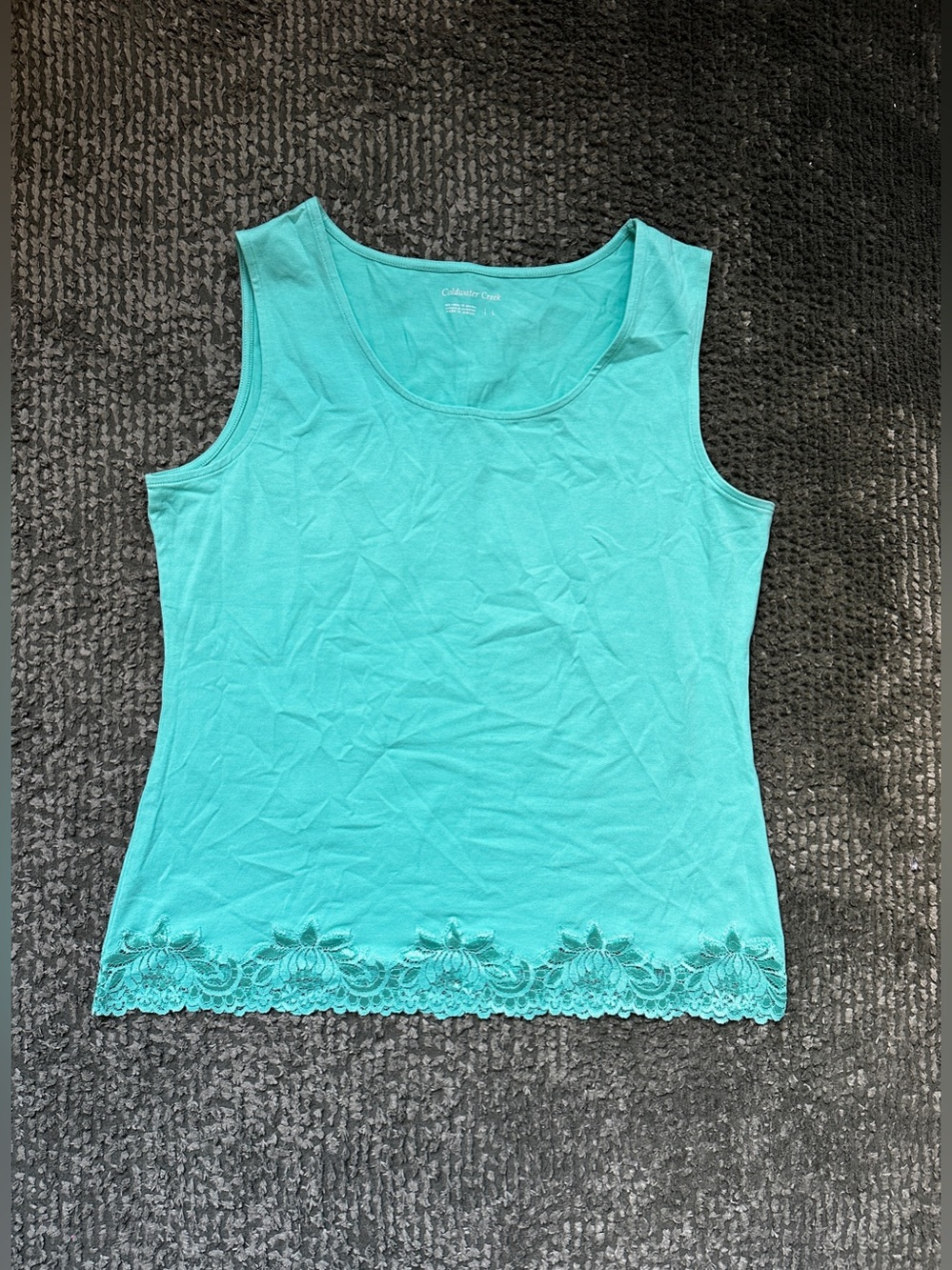 Coldwater Creek Turquoise Floral Lace Hem Cotton Tank Top Size L